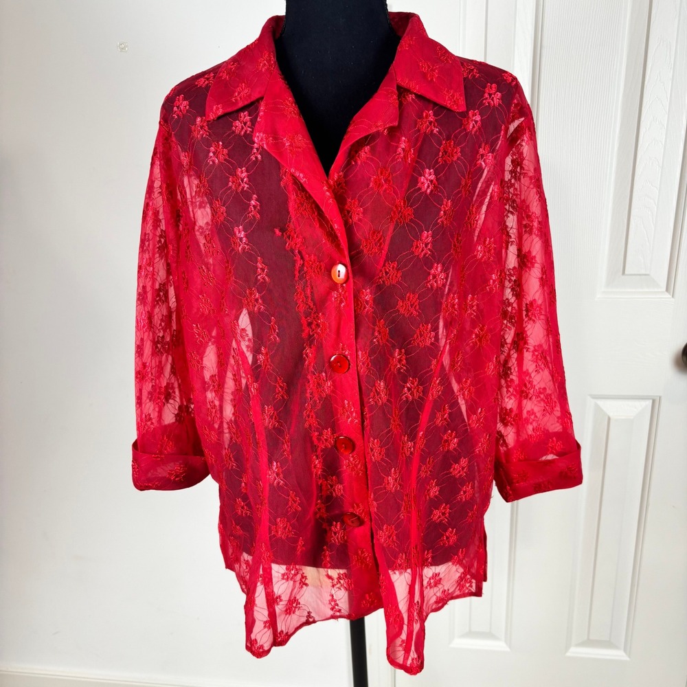 Vintage Y2K Younique‎ Red Floral Lace Sheer Button Up Blouse 3/4 Sleeve Collared